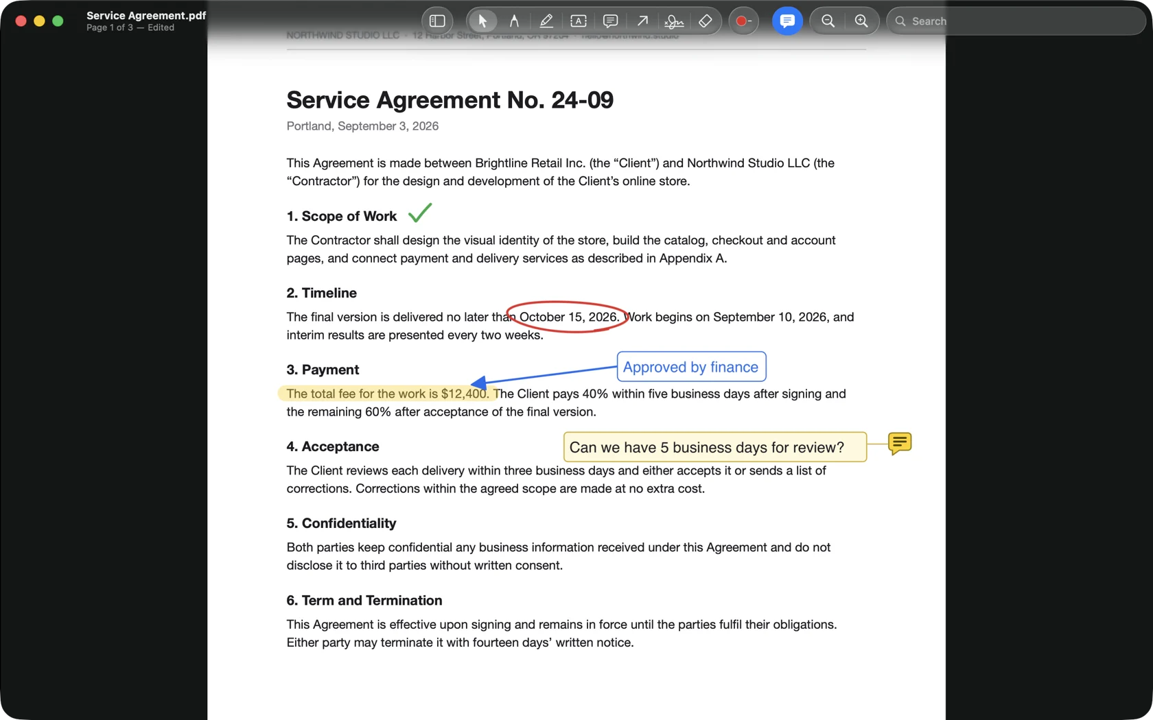 The app window: a contract marked up with a highlight, a circled date, a labeled arrow and a comment